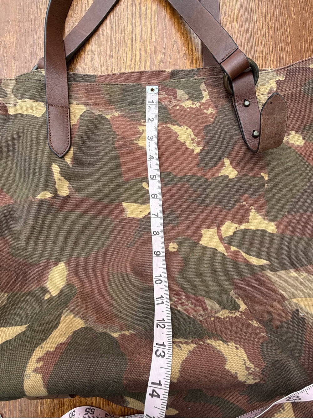 Frye Camo Canvas Leather Tote Bag Large Shoulder Shopper Brown Green - Picture 7 of 16